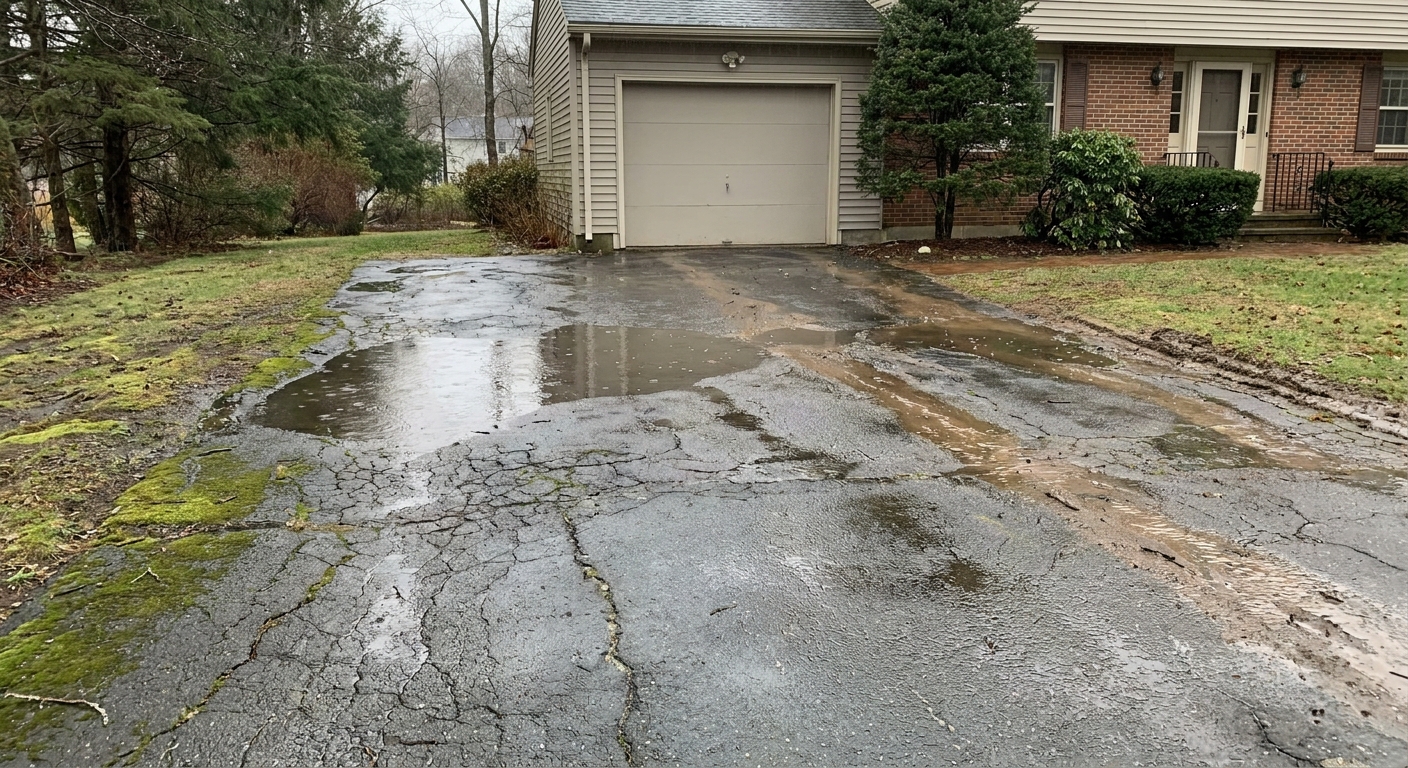 Driveway in Waterford with improper drainage causing water pooling and foundation risk