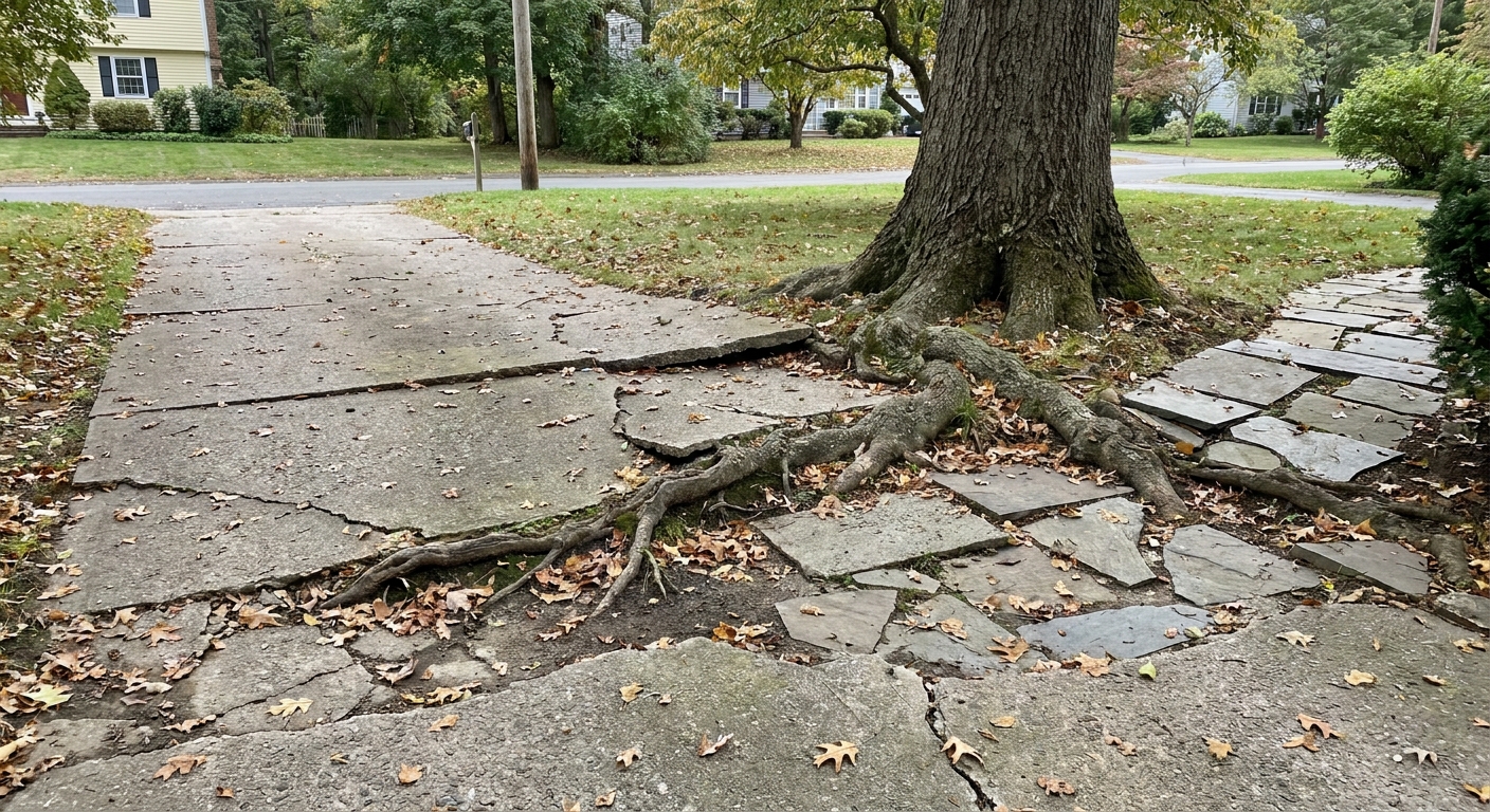 Tree roots lifting and cracking hardscape surfaces in Waterford