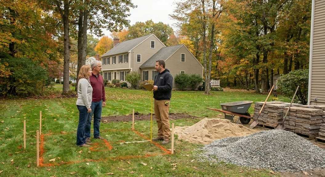 Paver patio installation process in Central Connecticut showing edge restraints