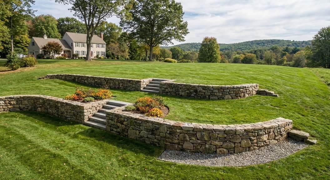 Retaining wall installation for sloped yards in Central Connecticut